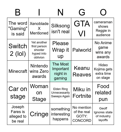 The Game Awards: Pessimism Edition Bingo Card