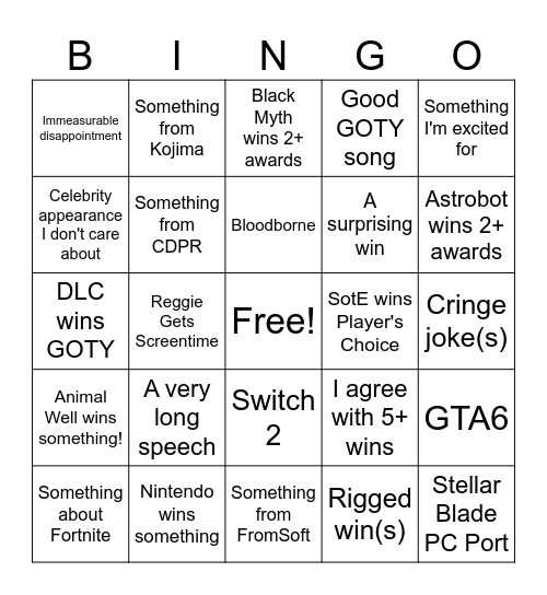 TGA 2024 Bingo Card