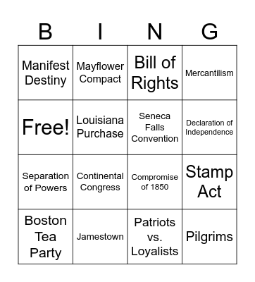 U.S. History Bingo Card