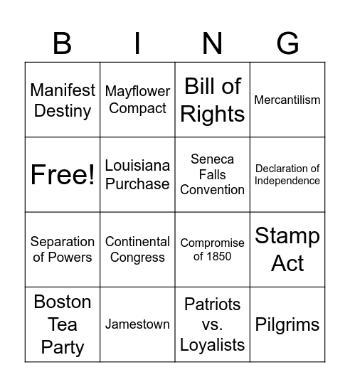 U.S. History Bingo Card
