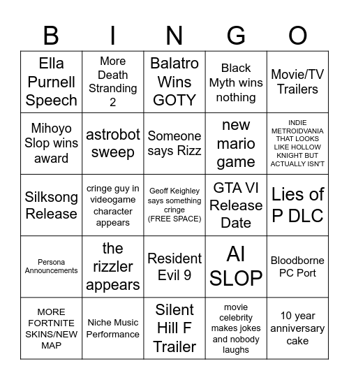 2024 Game Awards Bingo Card