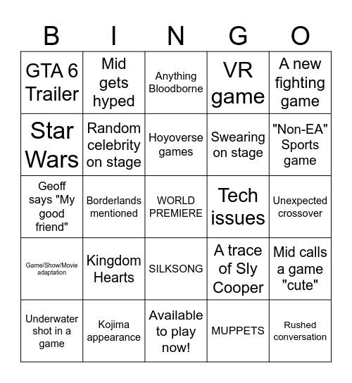 The Game Awards 2024 Bingo Card