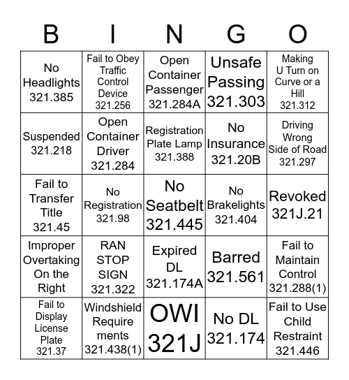 TRAFFIC BINGO Card