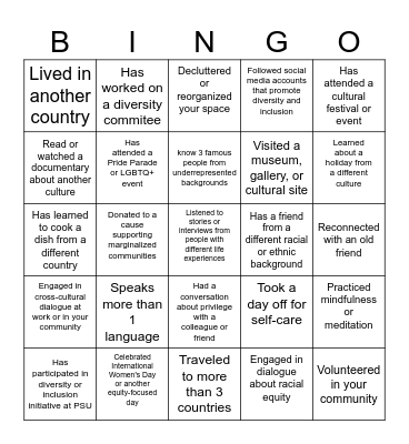 Diversity, Equity, and Inclusion Bingo Card