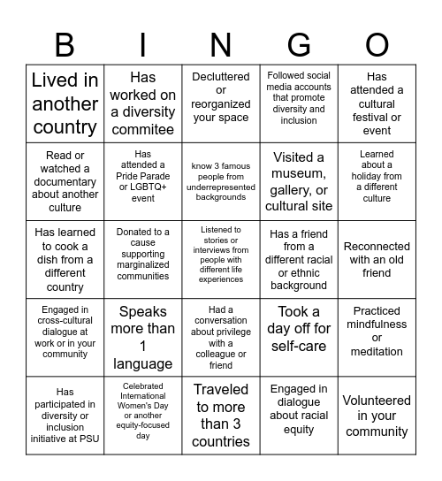 Diversity, Equity, and Inclusion Bingo Card