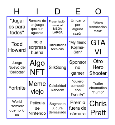 Bingo de los Game Awards Bingo Card