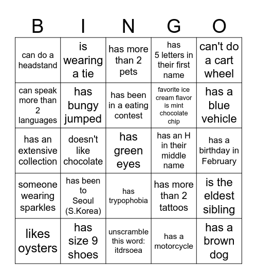 Icebreaker Bingo Card