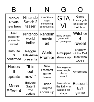 Game Awards Bingo Card