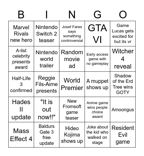 Game Awards Bingo Card