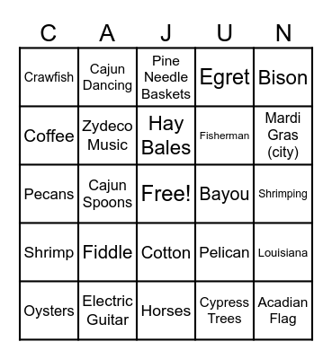 Cajun Bingo Card