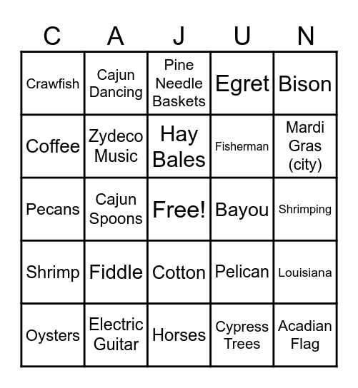 Cajun Bingo Card