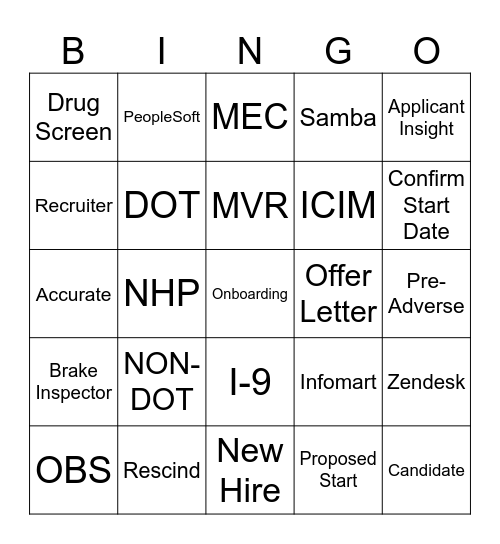 Onboarding Bingo Card