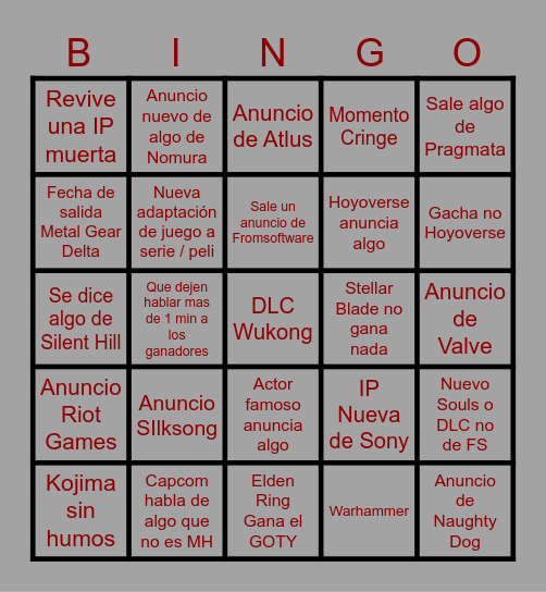 GAME AWARDS BINGO Card