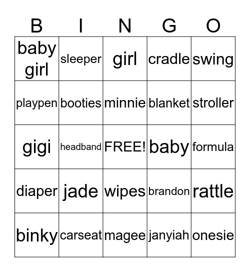 Jade's Babyshower Bingo Card
