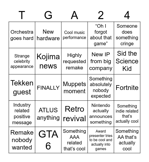 TGA Bingo 2024 Bingo Card