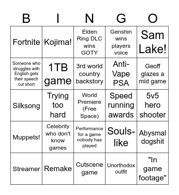 the gayme awards Bingo Card