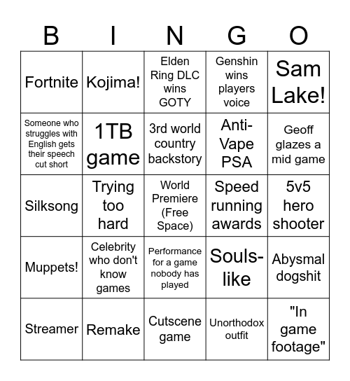 the gayme awards Bingo Card