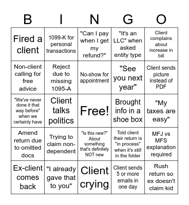 Tax Season BINGO Card