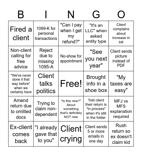 Tax Season BINGO Card