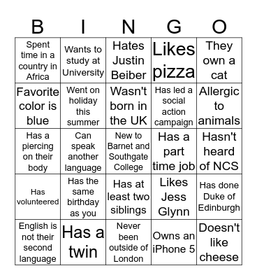 Human Bingo! Bingo Card
