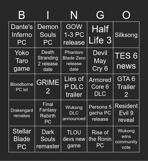 The Game Awards 2024 Bingo Card