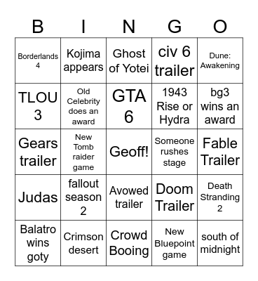 Game Awards Bingo Card