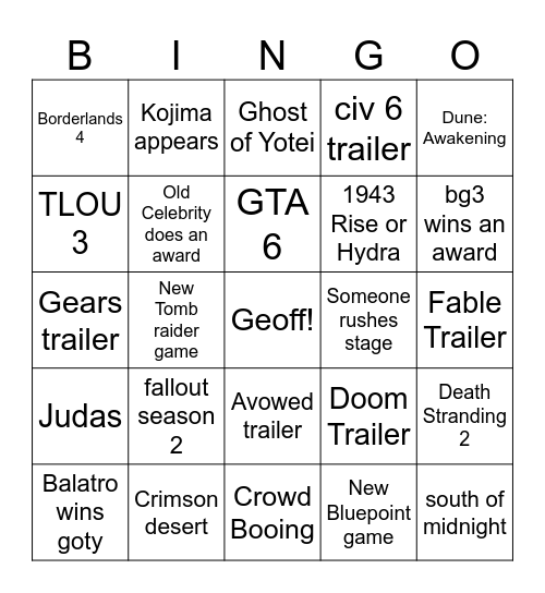 Game Awards Bingo Card