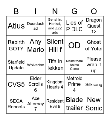 Game awar Bingo Card