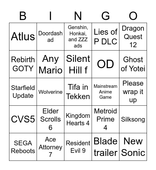 Game awar Bingo Card