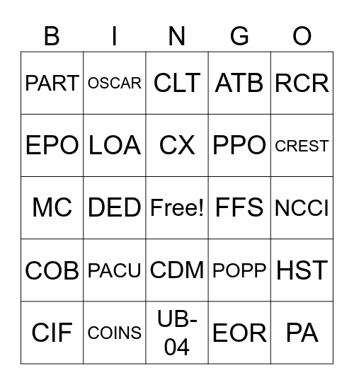 SCA Acronym Bingo! Bingo Card
