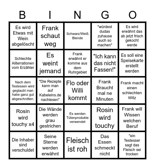 Rosins Restaurant Bingo Card