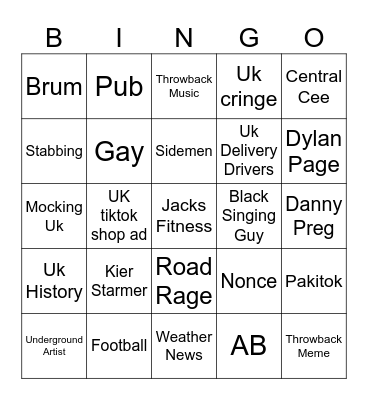 Uk tiktok Bingo Card