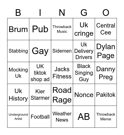 Uk tiktok Bingo Card