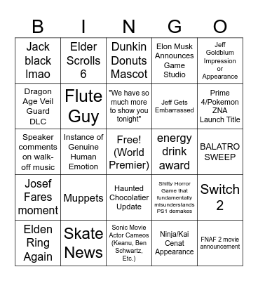 Game Awards 2024 Bingo Card