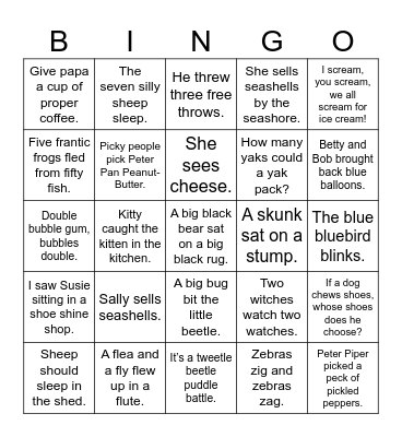 Sentence Fluency Bingo Card