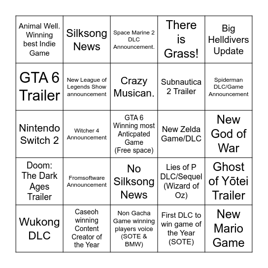 The Game Awards BingoN Bingo Card