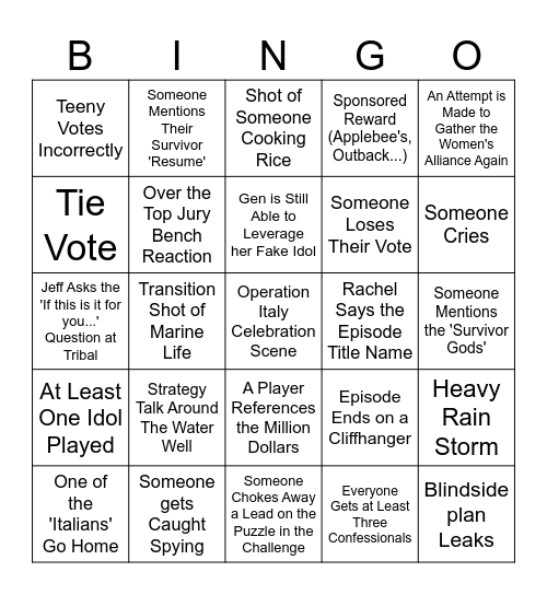 Survivor 47 Episode 13 Bingo Card