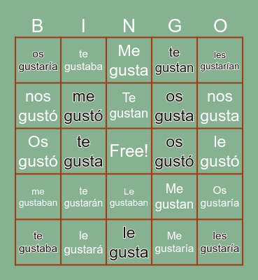 The Verb GUSTAR Bingo Card