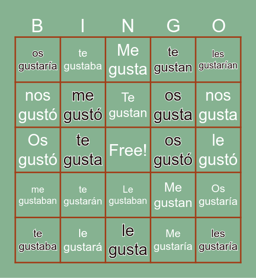 The Verb GUSTAR Bingo Card