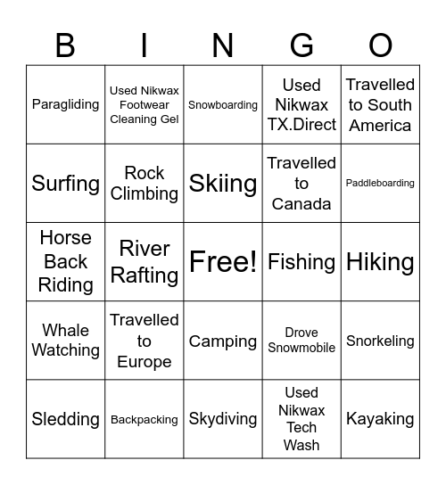 Nikwax BINGO! Bingo Card