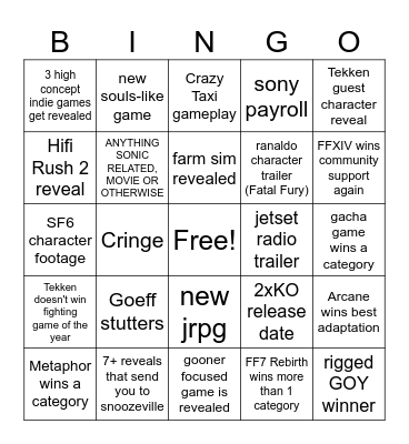 Game Awards 2024 Bingo Card