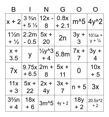 SIMPLIFYING ALGEBRAIC EXPRESSIONS Bingo Card