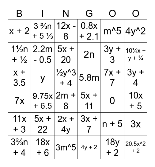 SIMPLIFYING ALGEBRAIC EXPRESSIONS Bingo Card