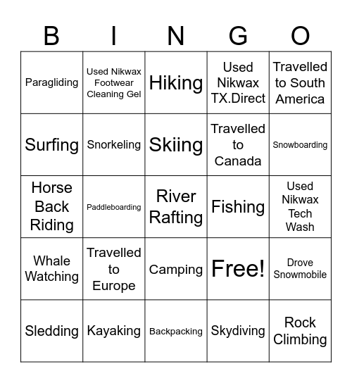 Nikwax BINGO! Bingo Card