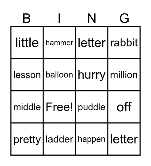 Words with double consonant lesson 19 Bingo Card