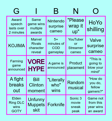 Game Awards Gibno Bingo Card