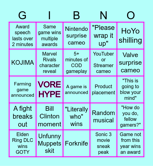 Game Awards Gibno Bingo Card