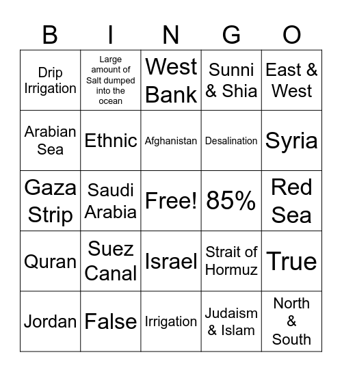 SW ASIA GEOGRAPHY Bingo Card