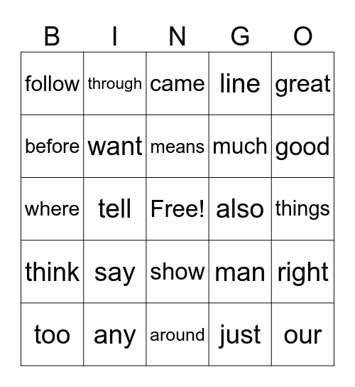 Sight Word Bingo 100-125 Bingo Card