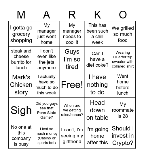 Marko Bingo Card